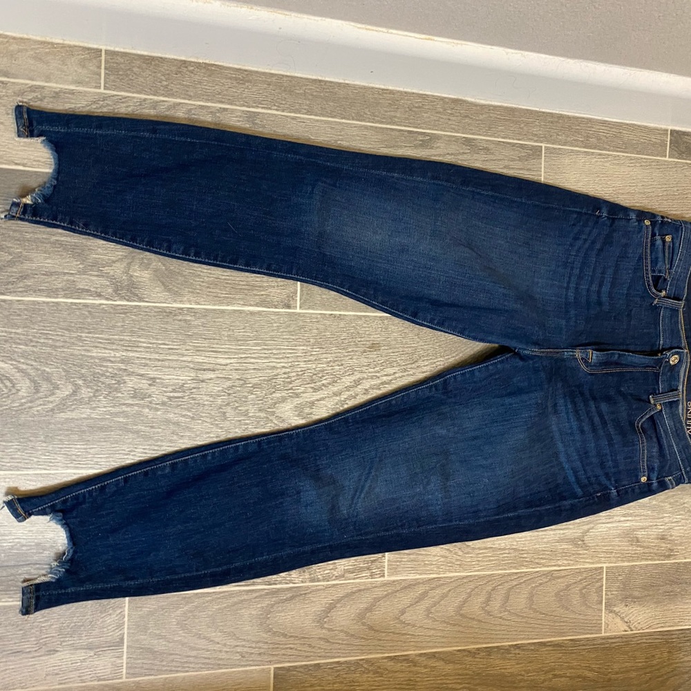 7 for all mankind sharkbite hem detail hem jeans.  High waist, skinny, ankle